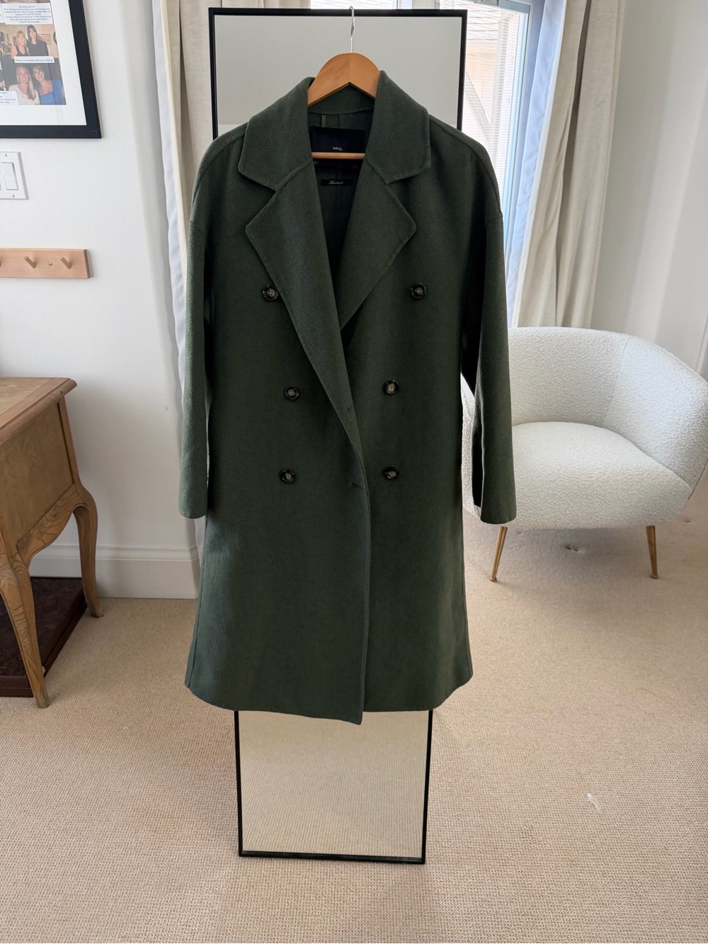 Mango Double-Breasted Wool Coat in Dark Green